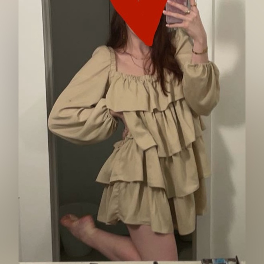 Beige Ruffled Long Sleeve Dress - Picture 1 of 3